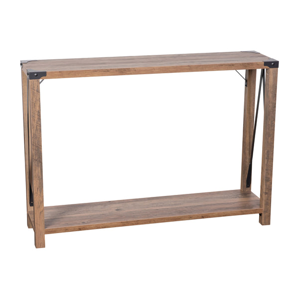 Rustic Oak |#| 2-Tier Console Table with Black Metal Side Braces and Corner Caps - Rustic Oak