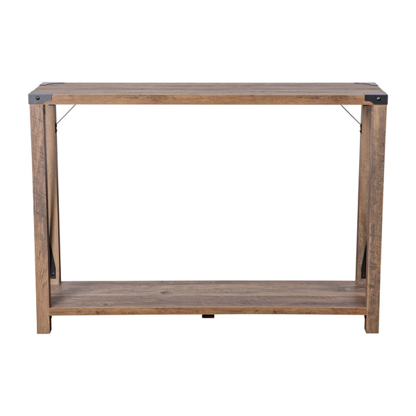 Rustic Oak |#| 2-Tier Console Table with Black Metal Side Braces and Corner Caps - Rustic Oak
