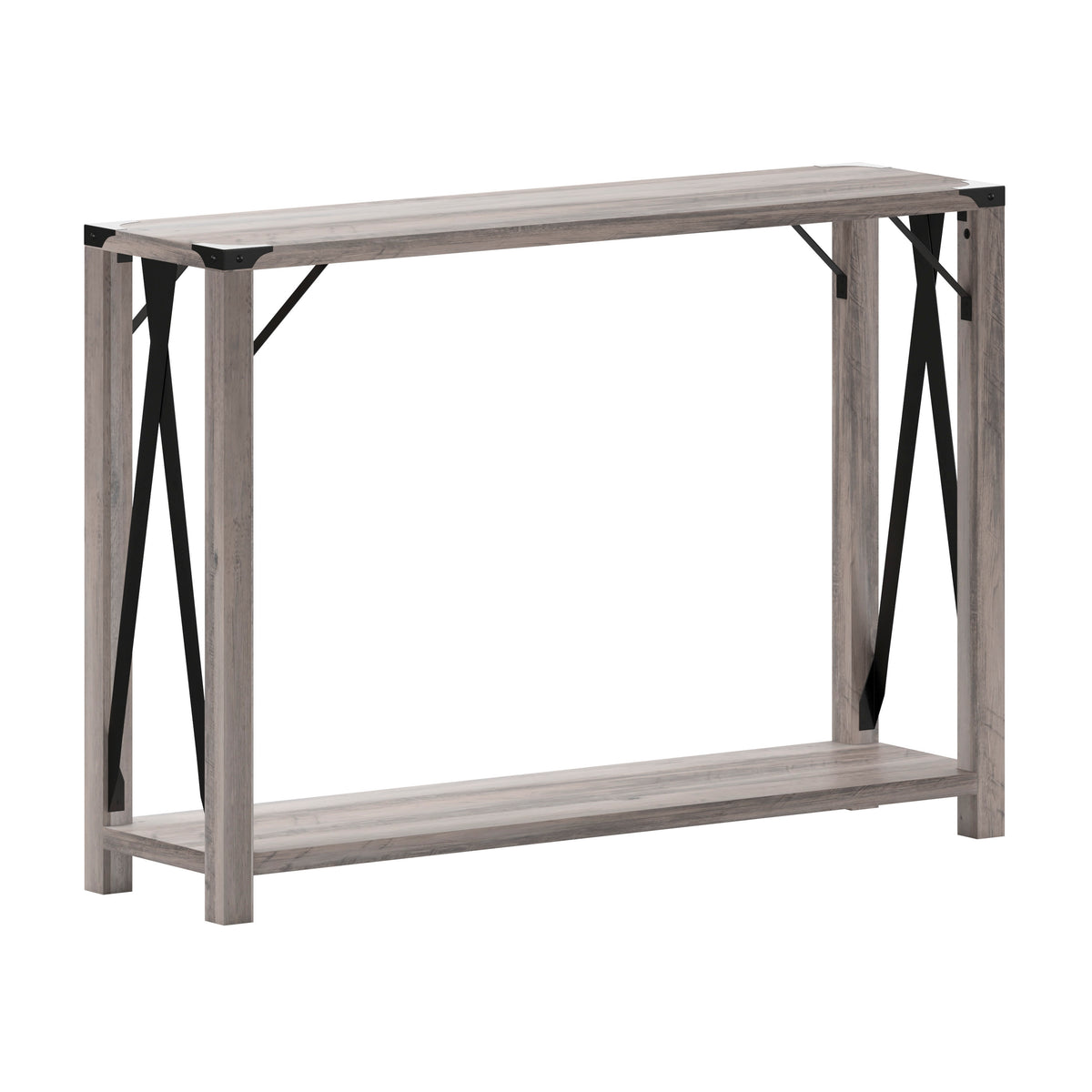 Gray Wash |#| 2-Tier Console Table with Black Metal Side Braces and Corner Caps - Gray Wash