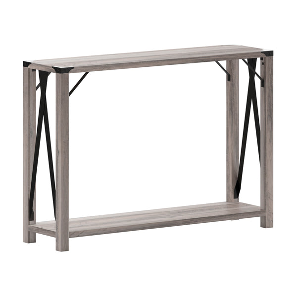 Gray Wash |#| 2-Tier Console Table with Black Metal Side Braces and Corner Caps - Gray Wash