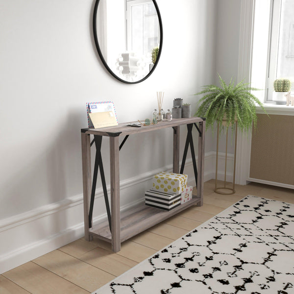 Gray Wash |#| 2-Tier Console Table with Black Metal Side Braces and Corner Caps - Gray Wash