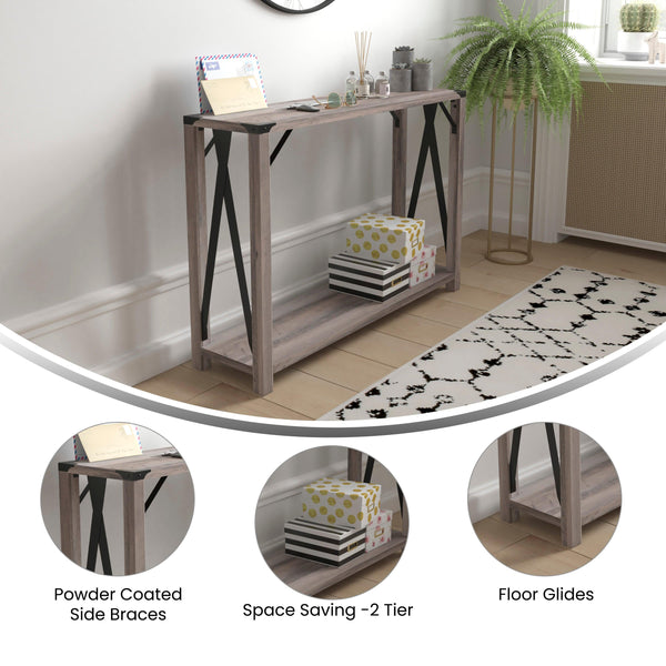 Gray Wash |#| 2-Tier Console Table with Black Metal Side Braces and Corner Caps - Gray Wash