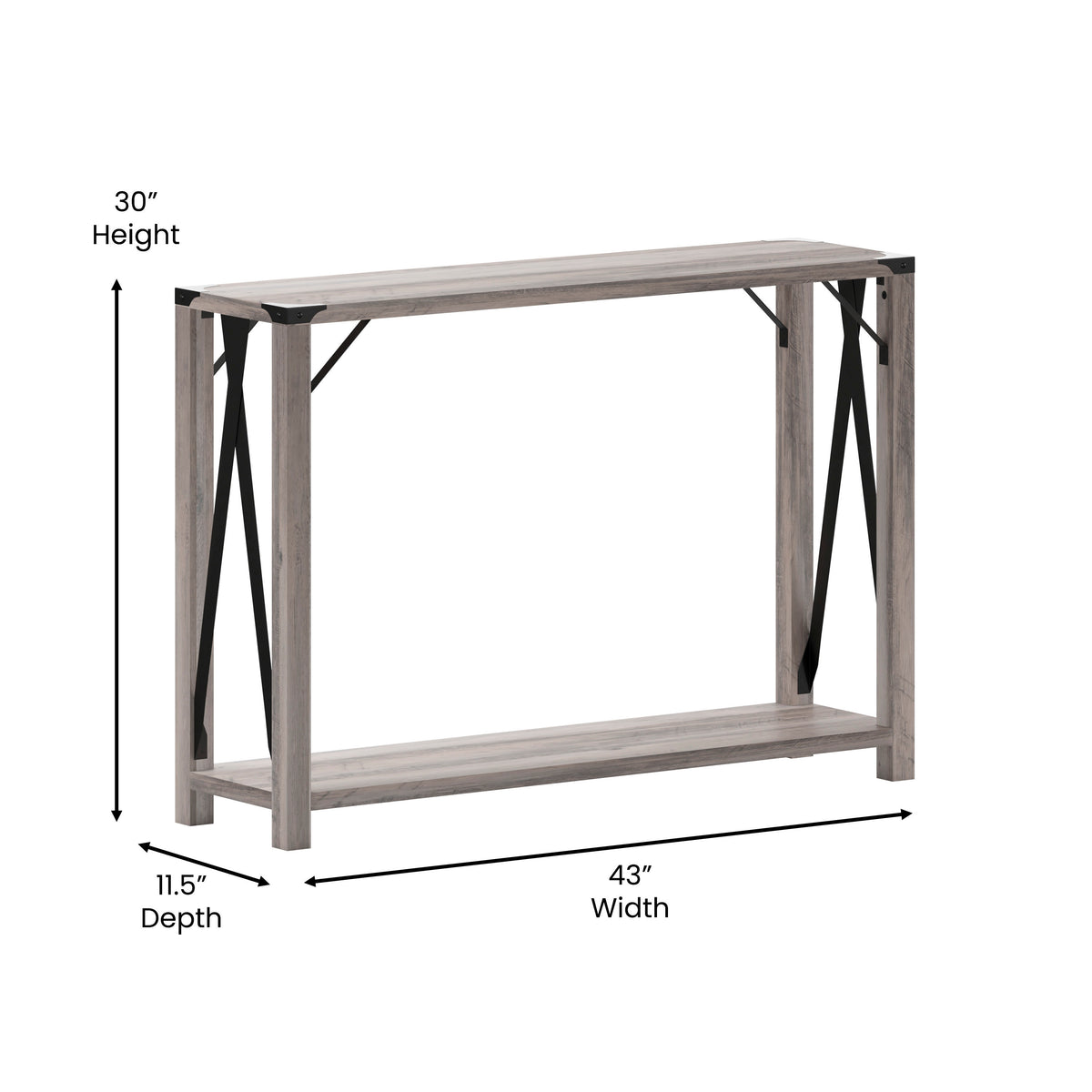 Gray Wash |#| 2-Tier Console Table with Black Metal Side Braces and Corner Caps - Gray Wash
