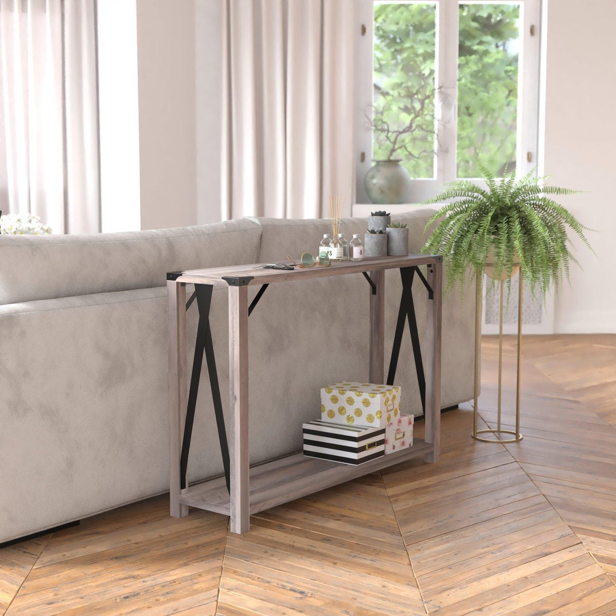 Gray Wash |#| 2-Tier Console Table with Black Metal Side Braces and Corner Caps - Gray Wash