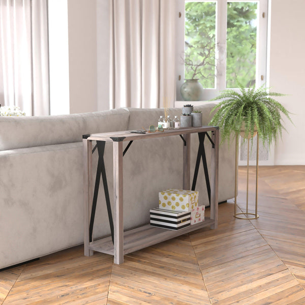 Gray Wash |#| 2-Tier Console Table with Black Metal Side Braces and Corner Caps - Gray Wash