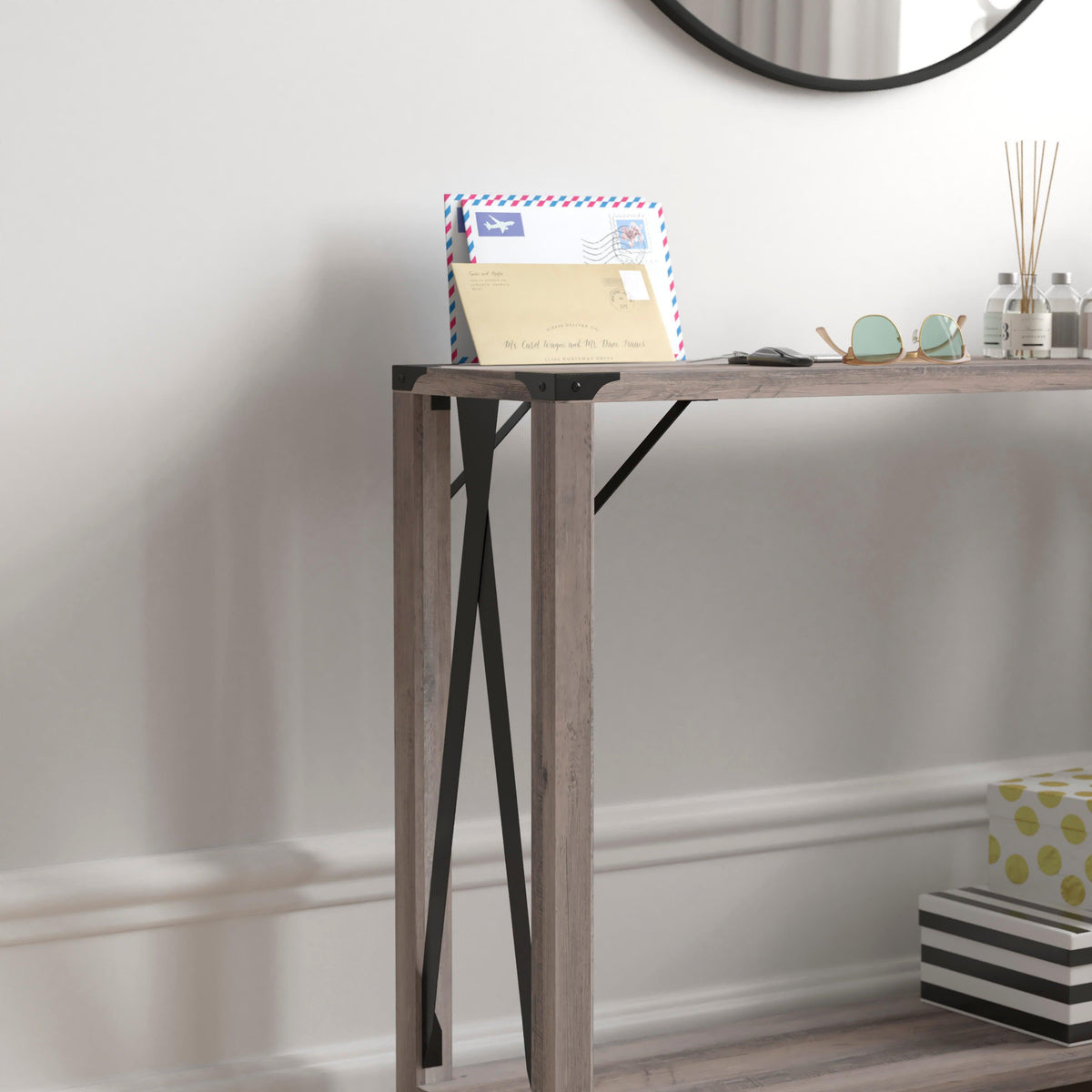 Gray Wash |#| 2-Tier Console Table with Black Metal Side Braces and Corner Caps - Gray Wash