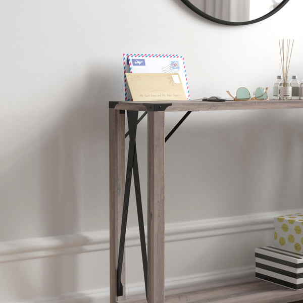 Gray Wash |#| 2-Tier Console Table with Black Metal Side Braces and Corner Caps - Gray Wash