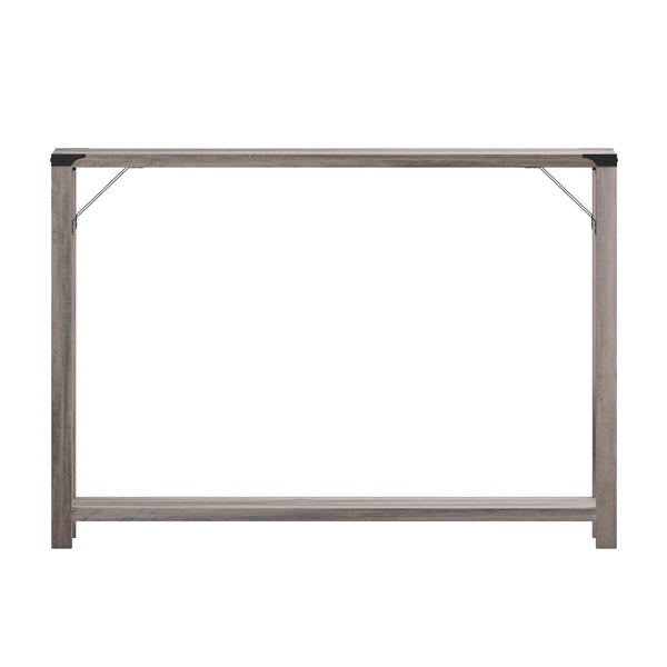 Gray Wash |#| 2-Tier Console Table with Black Metal Side Braces and Corner Caps - Gray Wash