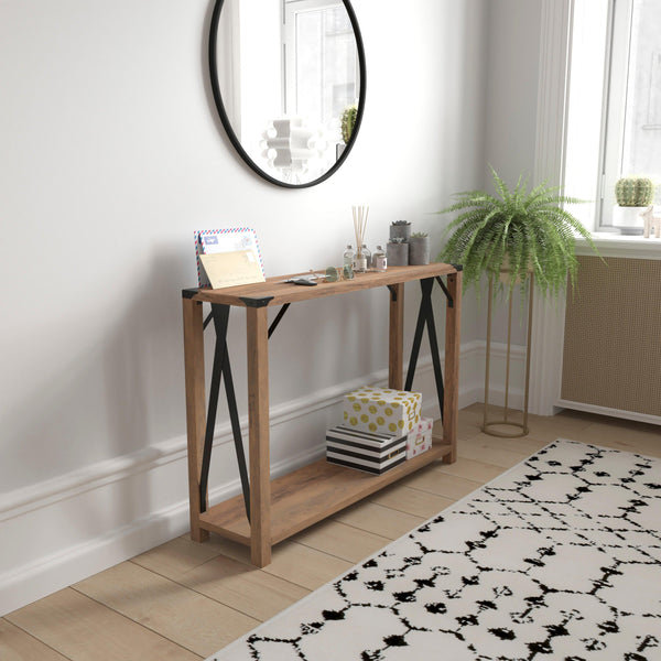 Rustic Oak |#| 2-Tier Console Table with Black Metal Side Braces and Corner Caps - Rustic Oak