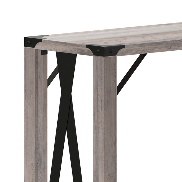Gray Wash |#| 2-Tier Console Table with Black Metal Side Braces and Corner Caps - Gray Wash