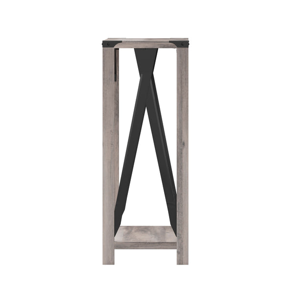 Gray Wash |#| 2-Tier Console Table with Black Metal Side Braces and Corner Caps - Gray Wash