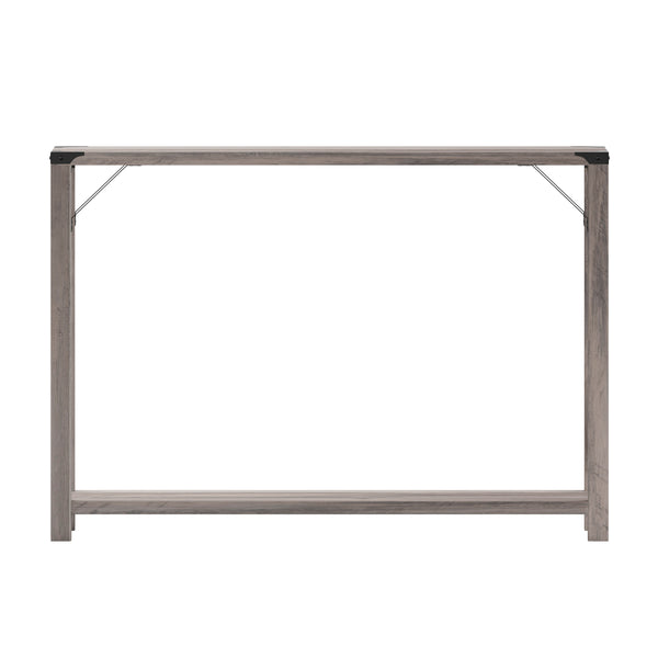 Gray Wash |#| 2-Tier Console Table with Black Metal Side Braces and Corner Caps - Gray Wash