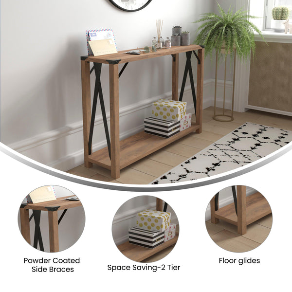 Rustic Oak |#| 2-Tier Console Table with Black Metal Side Braces and Corner Caps - Rustic Oak