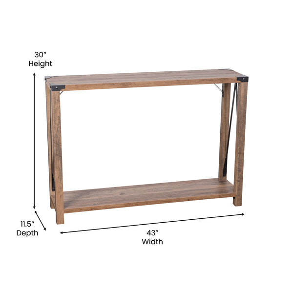 Rustic Oak |#| 2-Tier Console Table with Black Metal Side Braces and Corner Caps - Rustic Oak