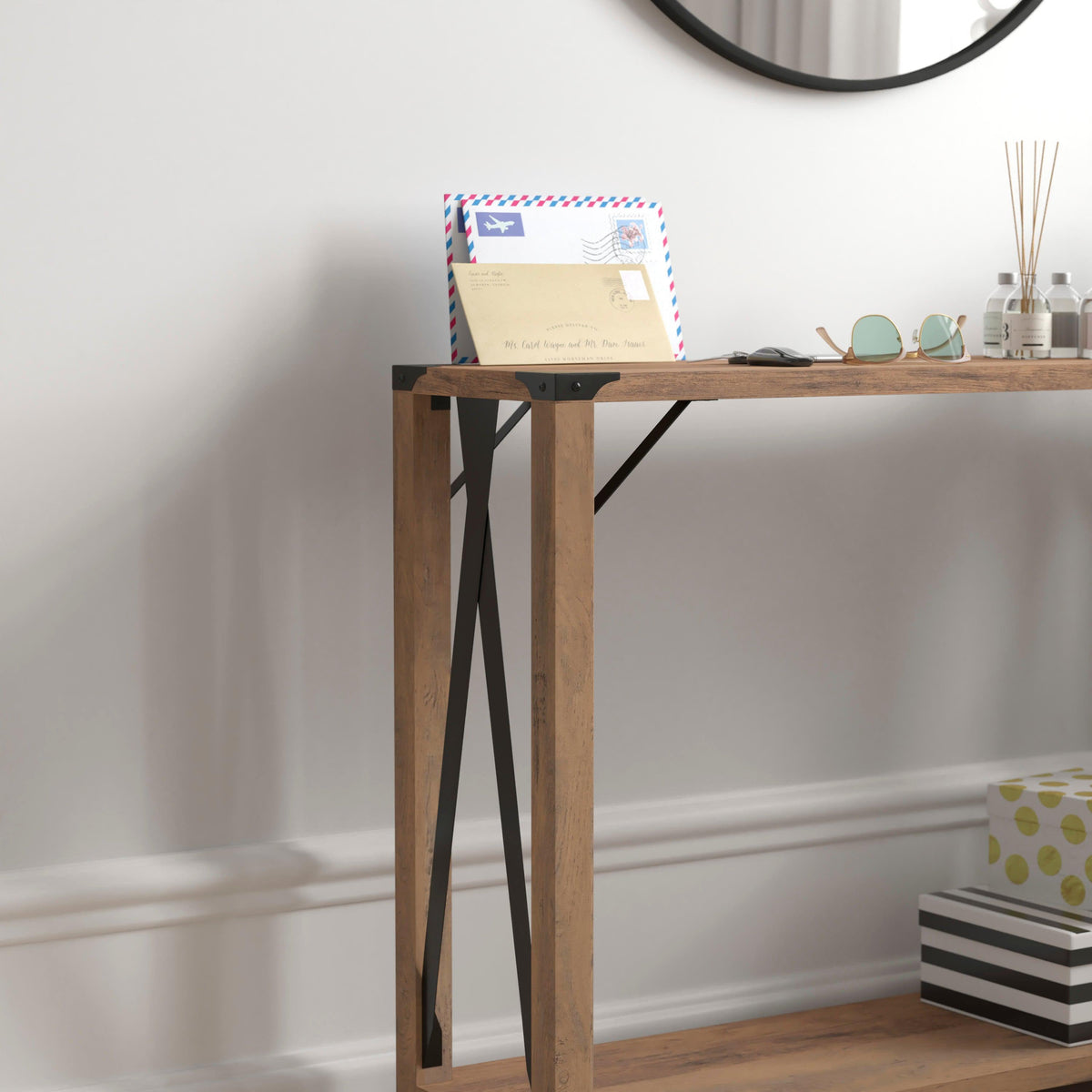 Rustic Oak |#| 2-Tier Console Table with Black Metal Side Braces and Corner Caps - Rustic Oak