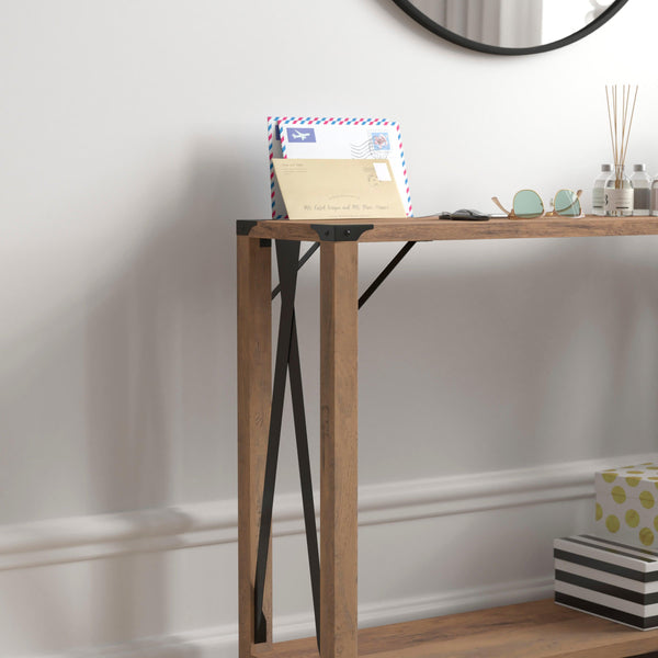 Rustic Oak |#| 2-Tier Console Table with Black Metal Side Braces and Corner Caps - Rustic Oak