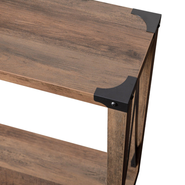 Rustic Oak |#| 2-Tier Console Table with Black Metal Side Braces and Corner Caps - Rustic Oak