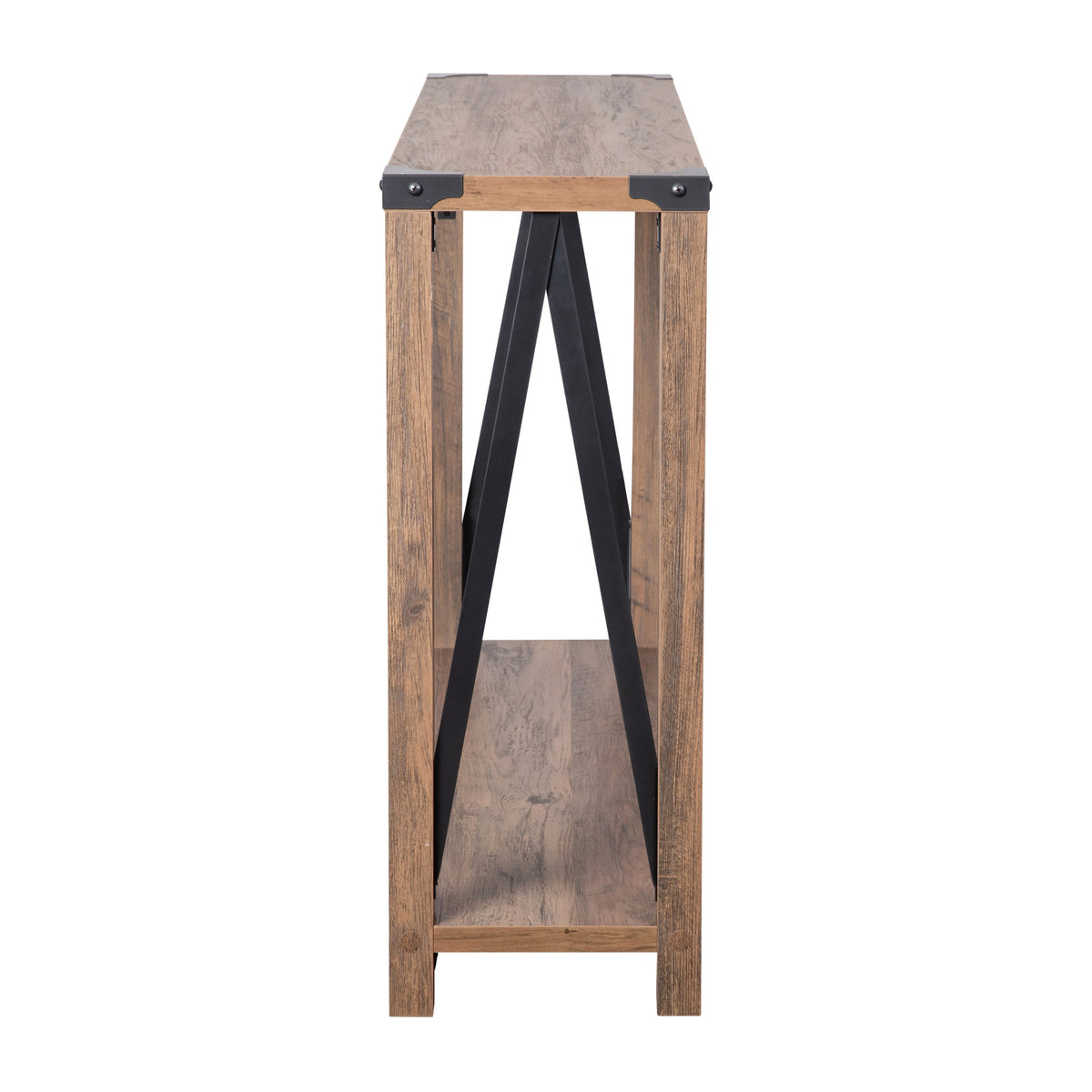 Rustic Oak |#| 2-Tier Console Table with Black Metal Side Braces and Corner Caps - Rustic Oak