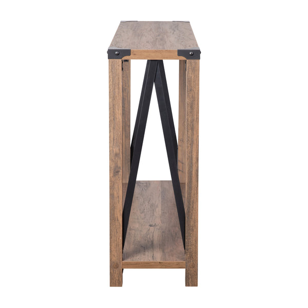 Rustic Oak |#| 2-Tier Console Table with Black Metal Side Braces and Corner Caps - Rustic Oak