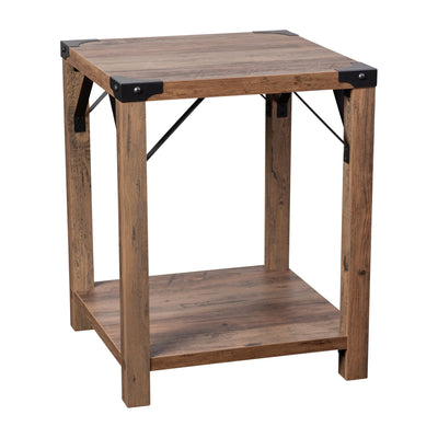 Wyatt Modern Farmhouse Wooden 2 Tier End Table with Metal Corner Accents and Cross Bracing