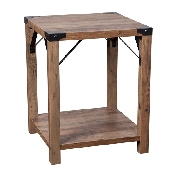 Rustic Oak |#| 2-Tier Side Table with Black Metal Side Braces and Corner Caps - Rustic Oak