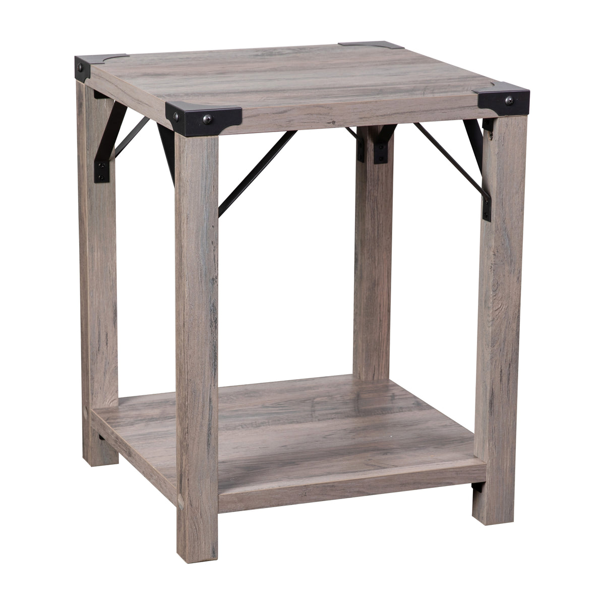 Gray Wash |#| 2-Tier Side Table with Black Metal Side Braces and Corner Caps - Gray Wash