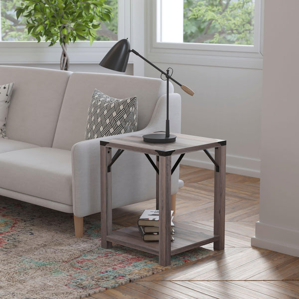 Gray Wash |#| 2-Tier Side Table with Black Metal Side Braces and Corner Caps - Gray Wash