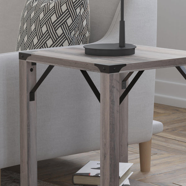 Gray Wash |#| 2-Tier Side Table with Black Metal Side Braces and Corner Caps - Gray Wash