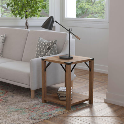 Wyatt Modern Farmhouse Wooden 2 Tier End Table with Metal Corner Accents and Cross Bracing - View 2