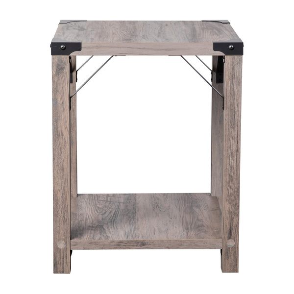 Gray Wash |#| 2-Tier Side Table with Black Metal Side Braces and Corner Caps - Gray Wash