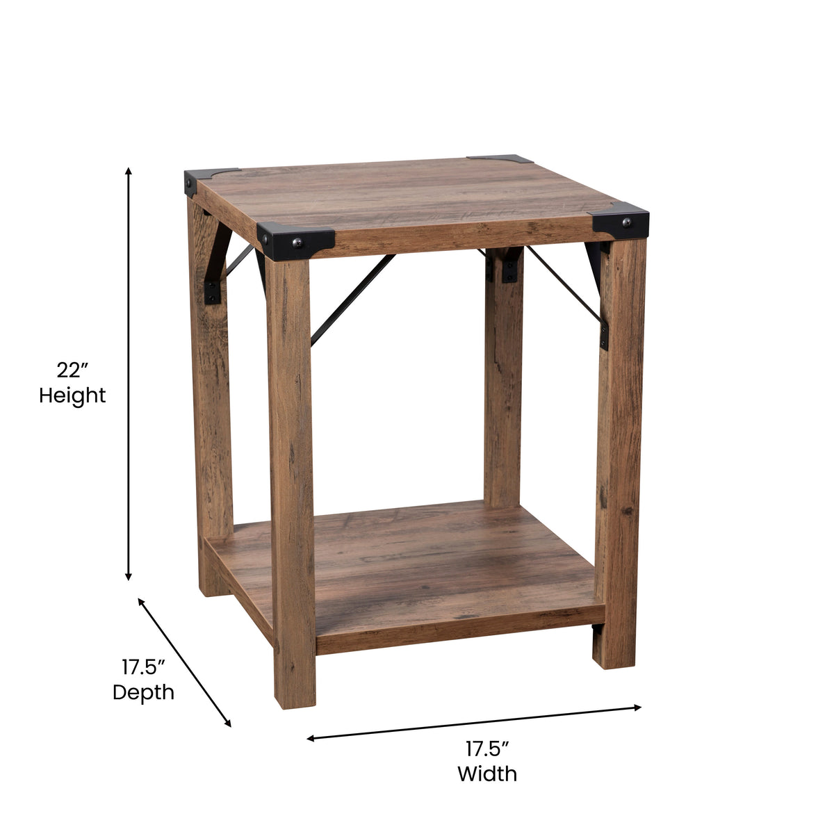 Rustic Oak |#| 2-Tier Side Table with Black Metal Side Braces and Corner Caps - Rustic Oak