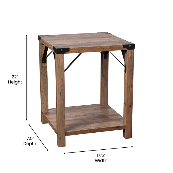 Rustic Oak |#| 2-Tier Side Table with Black Metal Side Braces and Corner Caps - Rustic Oak