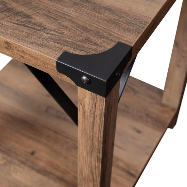 Rustic Oak |#| 2-Tier Side Table with Black Metal Side Braces and Corner Caps - Rustic Oak