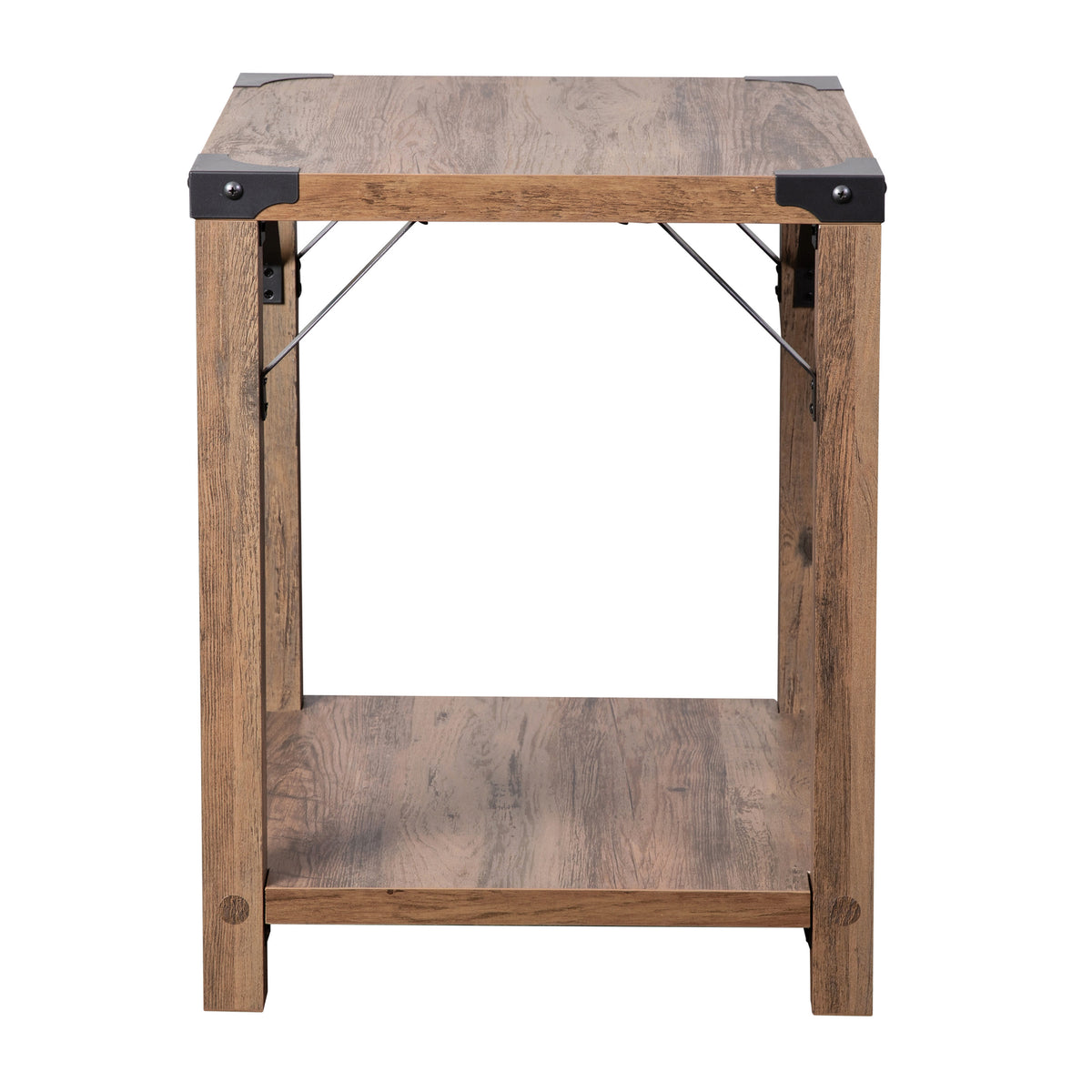 Rustic Oak |#| 2-Tier Side Table with Black Metal Side Braces and Corner Caps - Rustic Oak