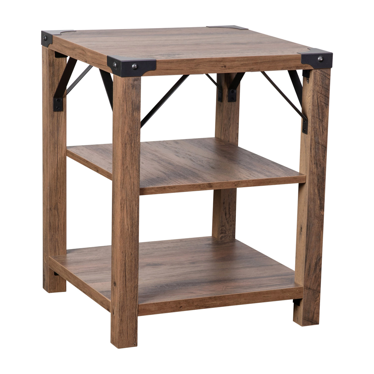 Rustic Oak |#| 3-Tier Side Table with Black Metal Side Braces and Corner Caps - Rustic Oak