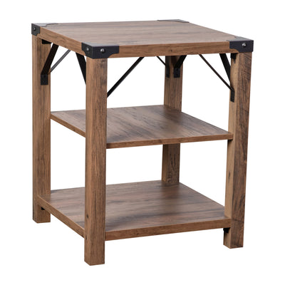 Wyatt Modern Farmhouse Wooden 3 Tier End Table with Metal Corner Accents and Cross Bracing