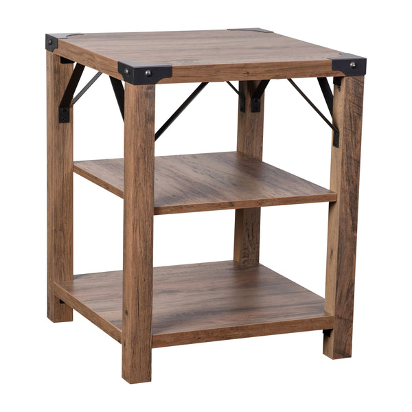 Rustic Oak |#| 3-Tier Side Table with Black Metal Side Braces and Corner Caps - Rustic Oak