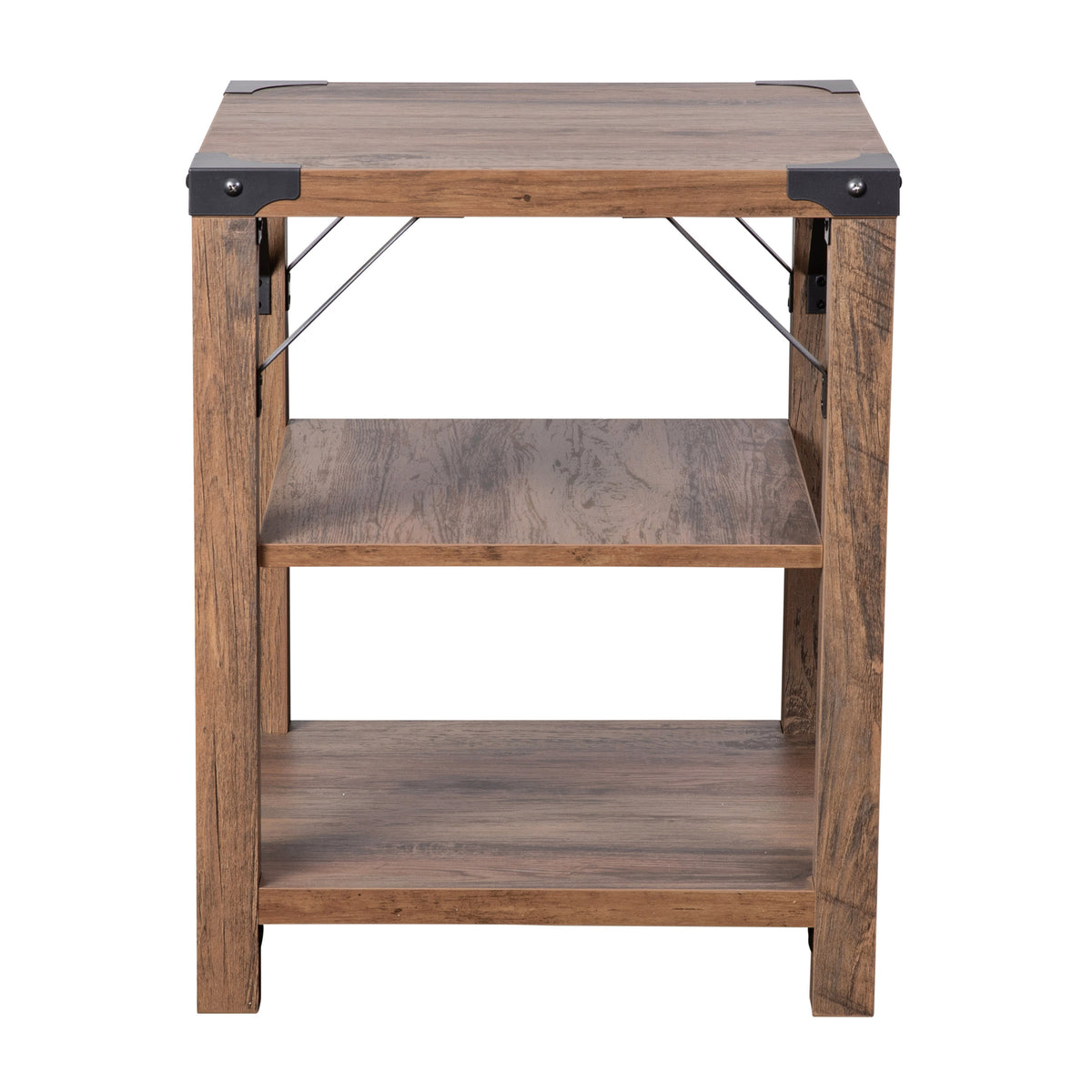 Rustic Oak |#| 3-Tier Side Table with Black Metal Side Braces and Corner Caps - Rustic Oak