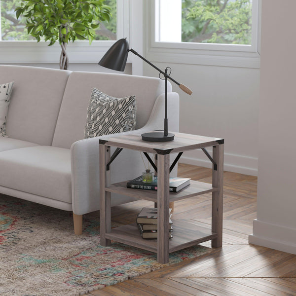 Gray Wash |#| 3-Tier Side Table with Black Metal Side Braces and Corner Caps - Gray Wash