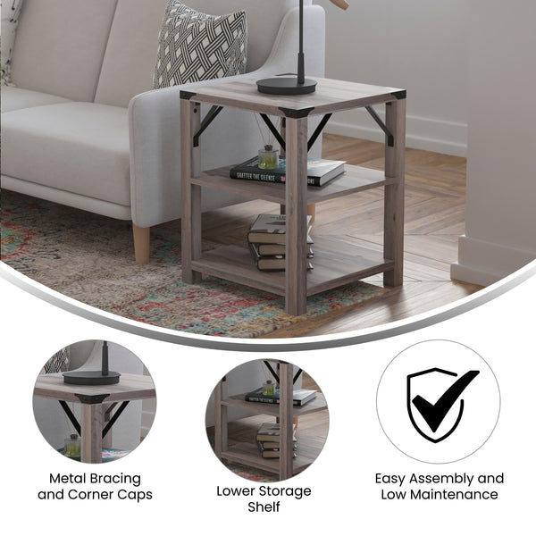 Gray Wash |#| 3-Tier Side Table with Black Metal Side Braces and Corner Caps - Gray Wash