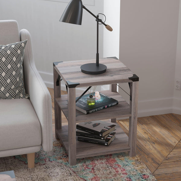 Gray Wash |#| 3-Tier Side Table with Black Metal Side Braces and Corner Caps - Gray Wash