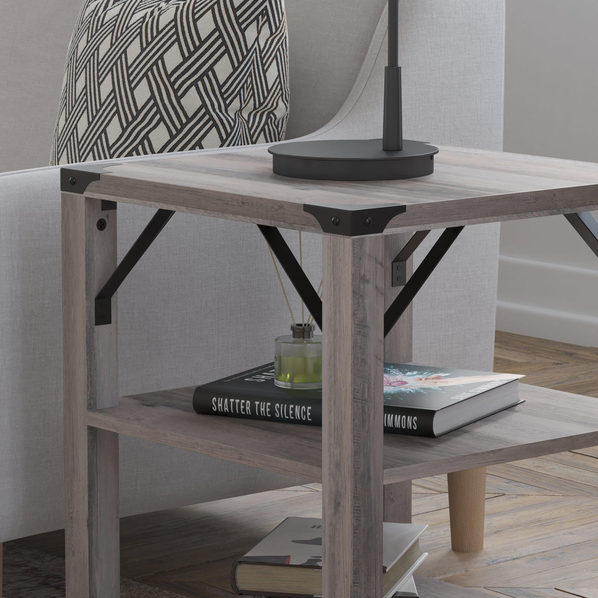 Gray Wash |#| 3-Tier Side Table with Black Metal Side Braces and Corner Caps - Gray Wash