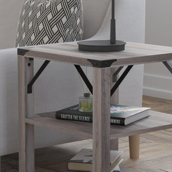 Gray Wash |#| 3-Tier Side Table with Black Metal Side Braces and Corner Caps - Gray Wash