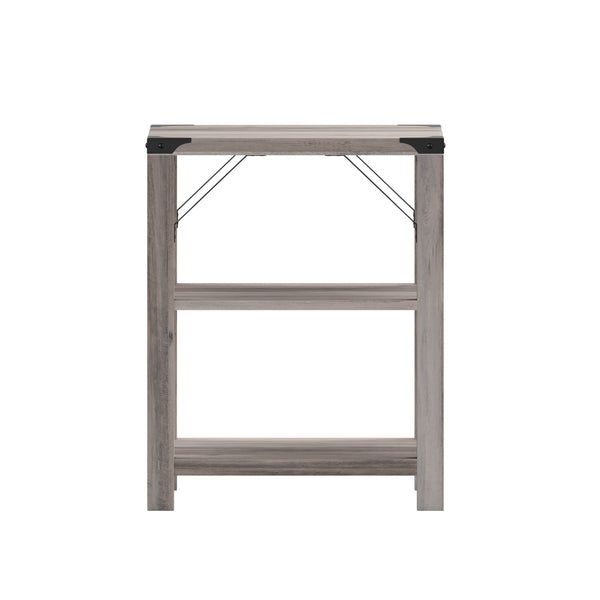 Gray Wash |#| 3-Tier Side Table with Black Metal Side Braces and Corner Caps - Gray Wash
