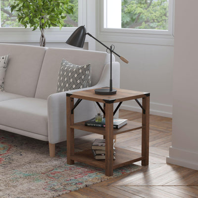 Wyatt Modern Farmhouse Wooden 3 Tier End Table with Metal Corner Accents and Cross Bracing - View 2