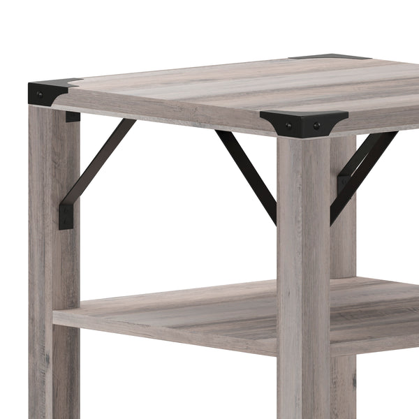 Gray Wash |#| 3-Tier Side Table with Black Metal Side Braces and Corner Caps - Gray Wash