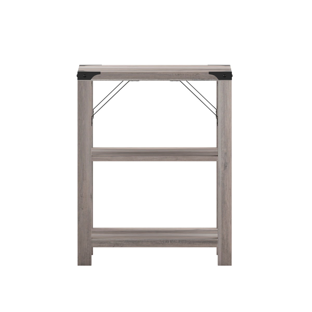 Gray Wash |#| 3-Tier Side Table with Black Metal Side Braces and Corner Caps - Gray Wash