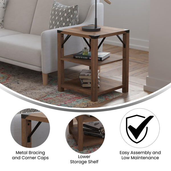 Rustic Oak |#| 3-Tier Side Table with Black Metal Side Braces and Corner Caps - Rustic Oak