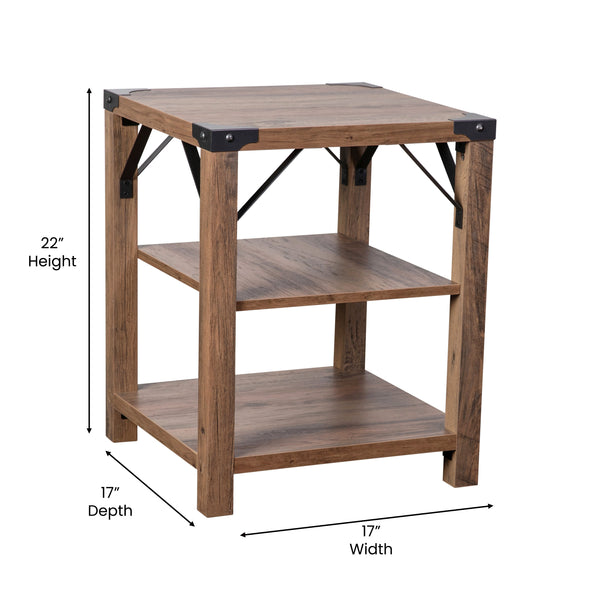 Rustic Oak |#| 3-Tier Side Table with Black Metal Side Braces and Corner Caps - Rustic Oak