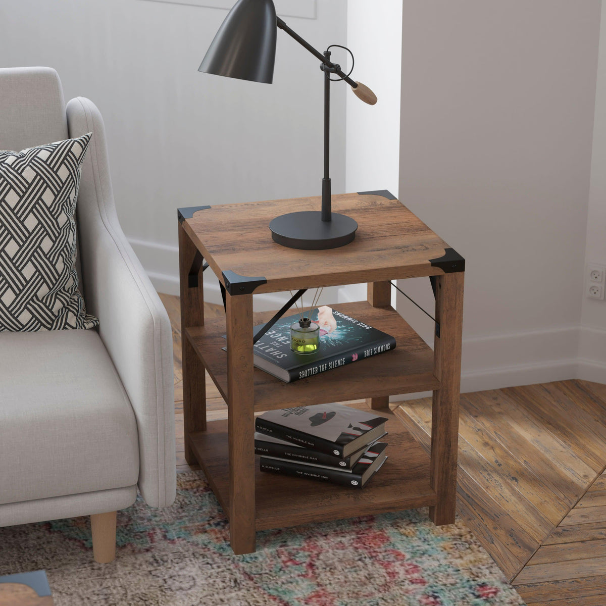 Rustic Oak |#| 3-Tier Side Table with Black Metal Side Braces and Corner Caps - Rustic Oak